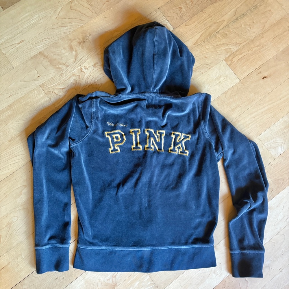 PINK Victoria’s Secret size small blue & gold velour zip up hoodie
